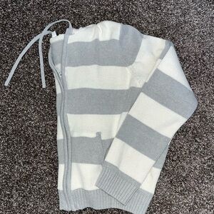 Grey and White Knit Sweater Hoodie